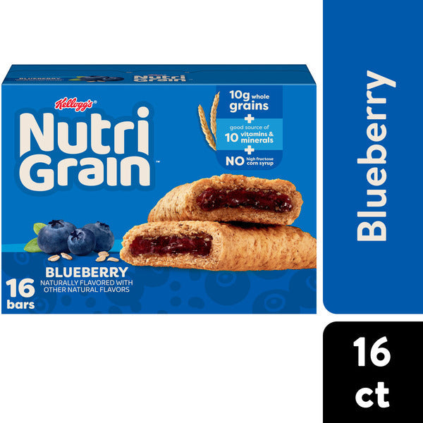 Kellogg’s Nutri-Grain Blueberry Breakfast Bars, Made with 10g Whole Grains, Value Pack, 16 Count