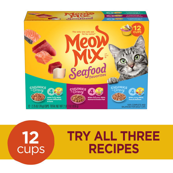 Meow Mix Seafood Favorites Chunks in Gravy Variety Pack Cat Food, 12 Cups