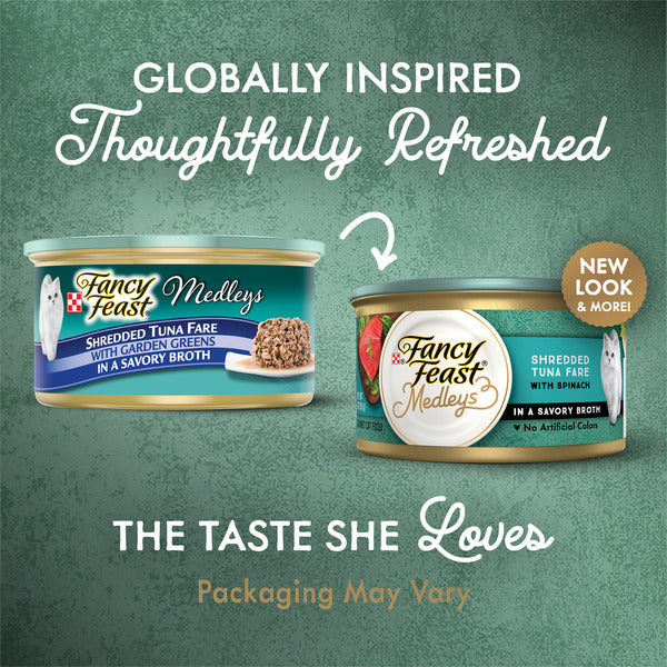 Purina Fancy Feast Grain Free Broth Wet Cat Food, Medleys Shredded Tuna Fare With Garden Greens