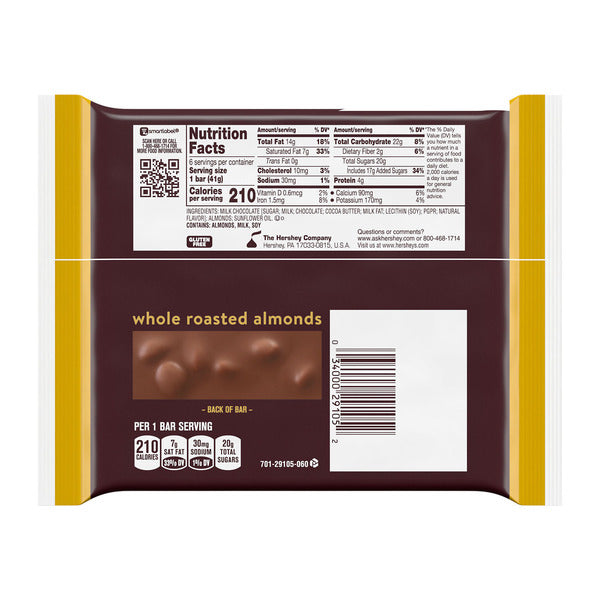 Hershey's Milk Chocolate with Whole Almonds Candy Bars, 1.45 oz (6 Count)