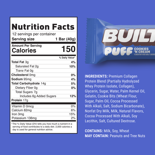BUILT Puff Protein Bar, Cookies 'N Cream, Single Puff Bar