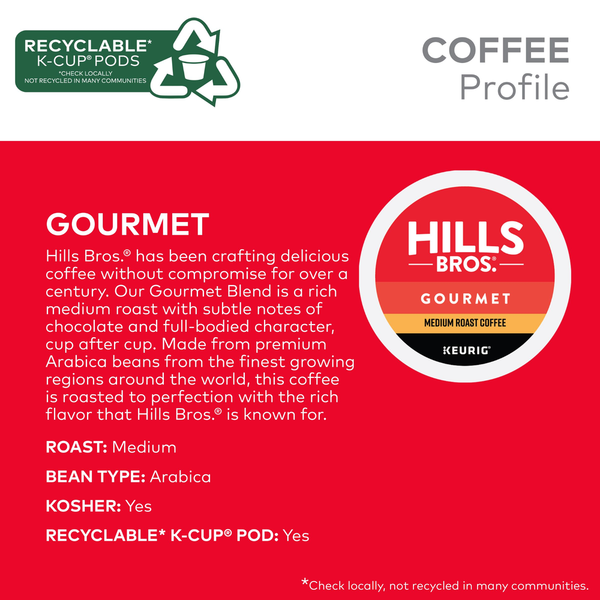 Hills Bros. K-Cup Pods Ground Premium Arabica Medium Roast Gourmet Coffee