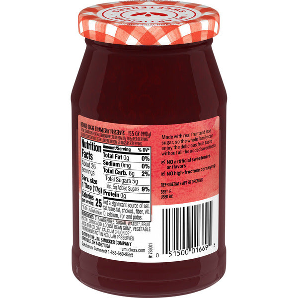 Smucker's Low Sugar Reduced Sugar Strawberry Preserves, 15.5 Ounces