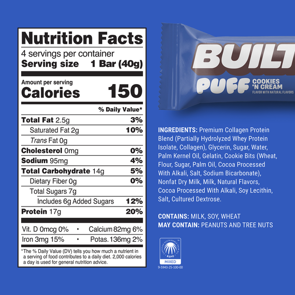 BUILT Puff Protein Bar, Cookies 'N Cream, 4ct Box