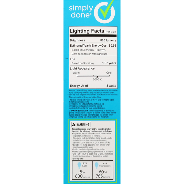 Simply Done Light Bulbs, LED, Daylight, 8 Watts