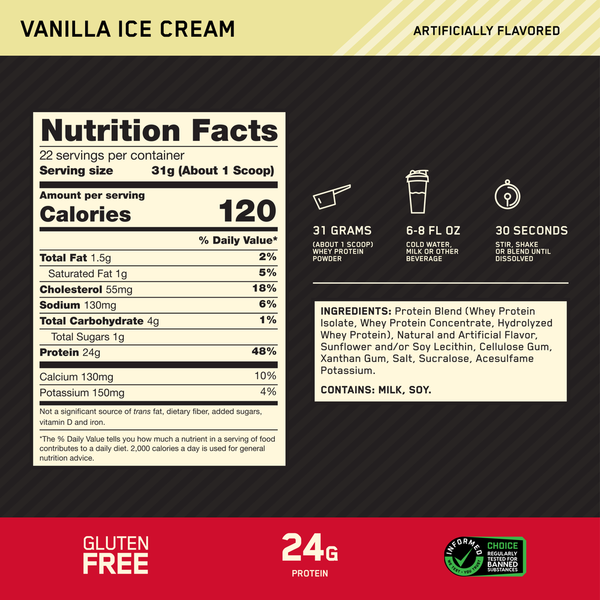 Optimum Nutrition Gold Standard 100% Whey Protein Powder, Vanilla Ice Cream, 22 Servings