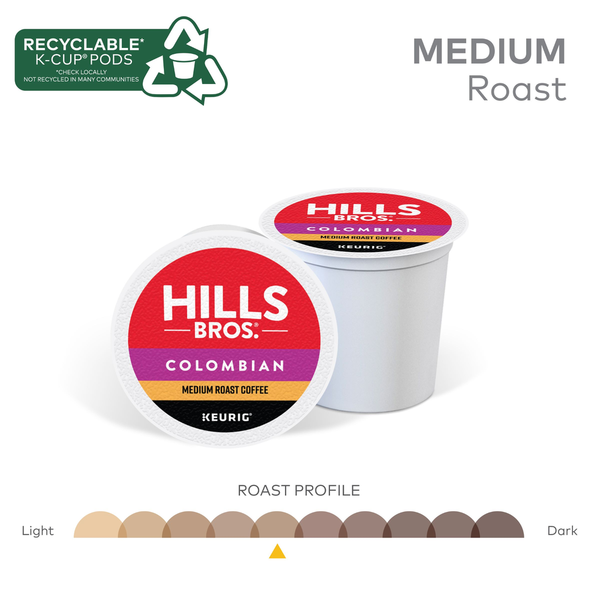 Hills Bros. K-Cup Pods Ground Premium Arabica Medium Roast Colombian Coffee
