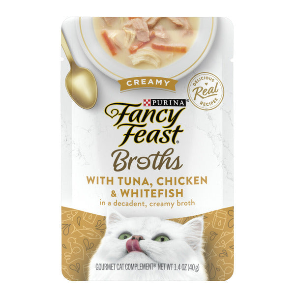 Purina Fancy Feast Lickable Wet Cat Food Broth Topper, Creamy With Tuna, Chicken, and Whitefish