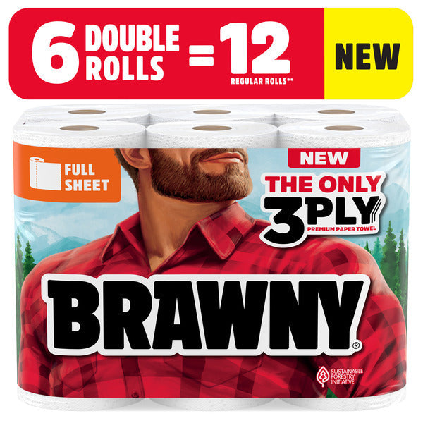 BRAWNY FULL SHEET PAPER TOWELS, 6 DOUBLE ROLLS