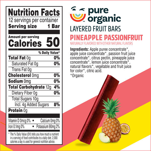 Pure Organic Pineapple Passionfruit Layered Fruit Bars, Gluten Free, 12 Count