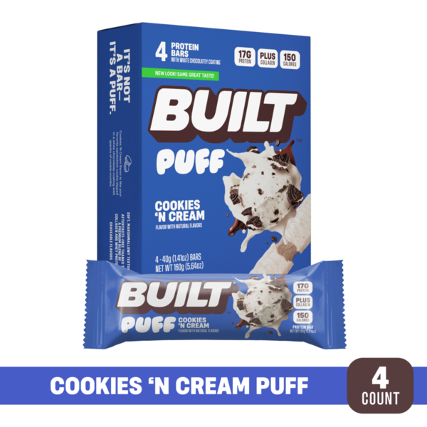 BUILT Puff Protein Bar, Cookies 'N Cream, 4ct Box
