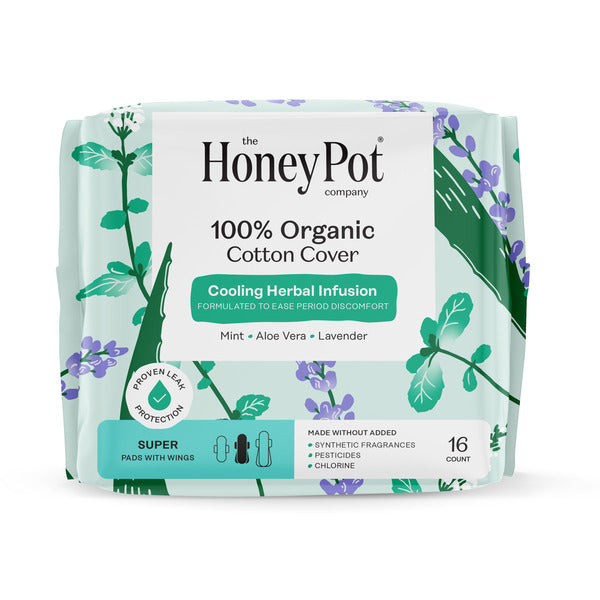 The Honey Pot Company 100% Organic Cotton Cover Cooling Herbal Infusion Super Pads