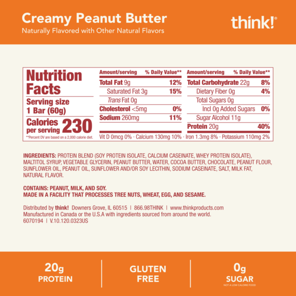 think! High Protein Bar, 20g Protein, Creamy Peanut Butter