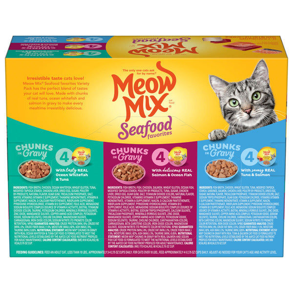 Meow Mix Seafood Favorites Chunks in Gravy Variety Pack Cat Food, 12 Cups