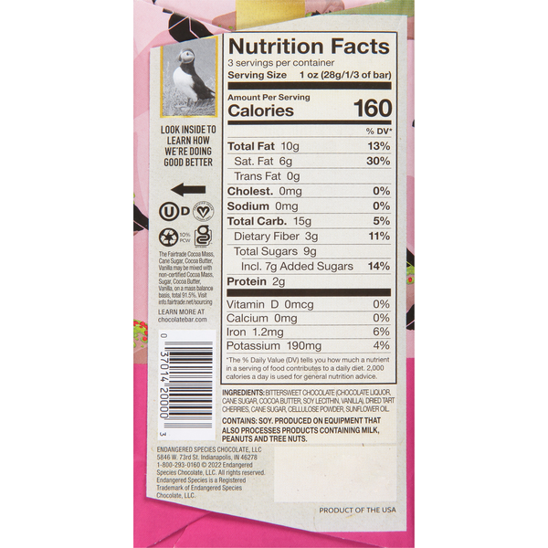 Endangered Species Dark Chocolate, Cherries, 72% Cocoa