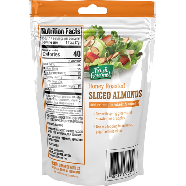 Fresh Gourmet Almonds, Honey Roasted, Sliced