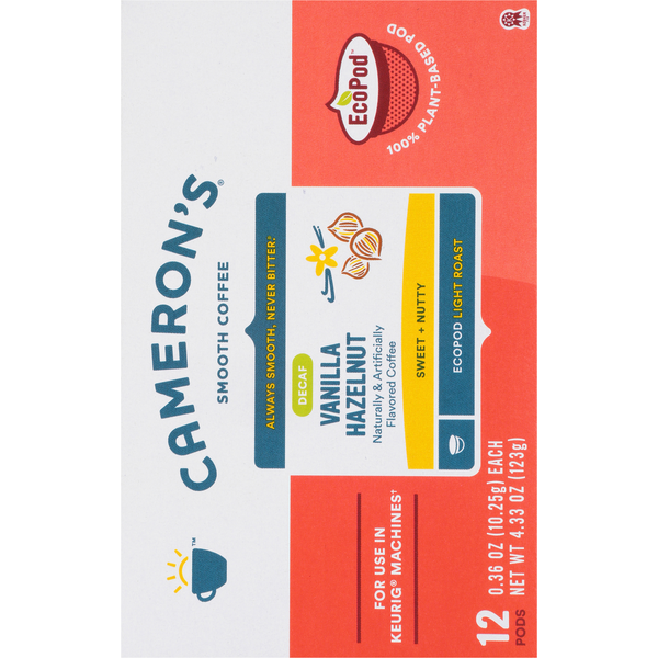 Cameron's Coffee, Smooth, Light Roast, Vanilla Hazelnut, Decaf, EcoPods