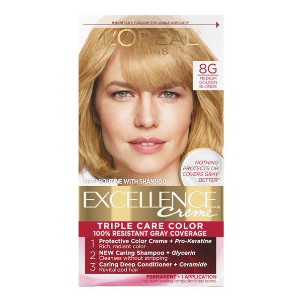 L'Oreal Creme Permanent Triple Care Hair Color, 8G Medium Golden Blonde