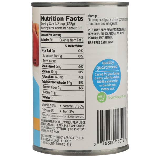 Food Club Yellow Cling Sliced Peaches In A Blend Of Peach & Pear 100% Juice From Concentrate