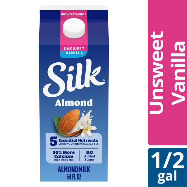 Silk Almond Milk, Unsweet Vanilla, Dairy Free, Gluten Free, Seriously Creamy Vegan Plant Based Milk with 5 Essential Nutrients, 64 fl oz Half Gallon