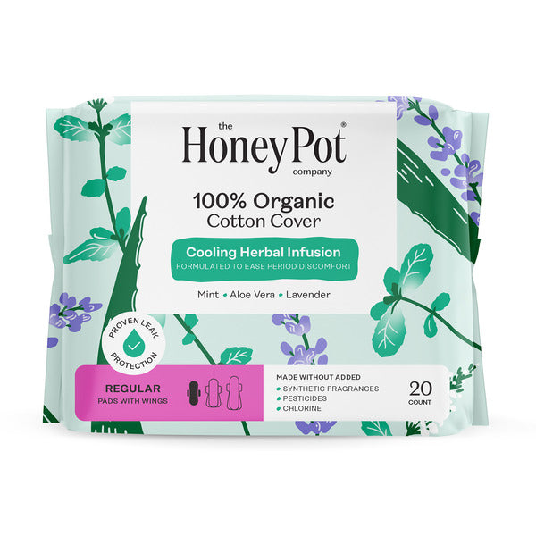 The Honey Pot Company 100% Organic Cotton Cover Cooling Herbal Infusion Regular Pads