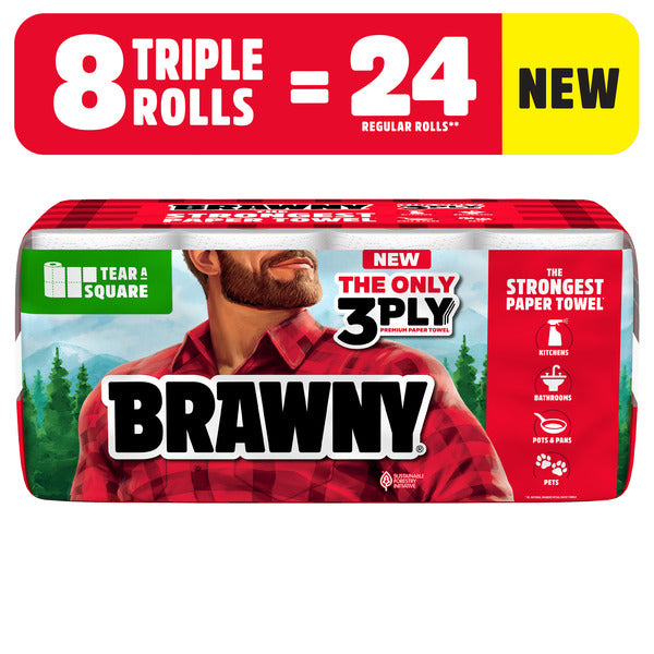 BRAWNY TEAR-A-SQUARE PAPER TOWELS, 8 TRIPLE ROLLS