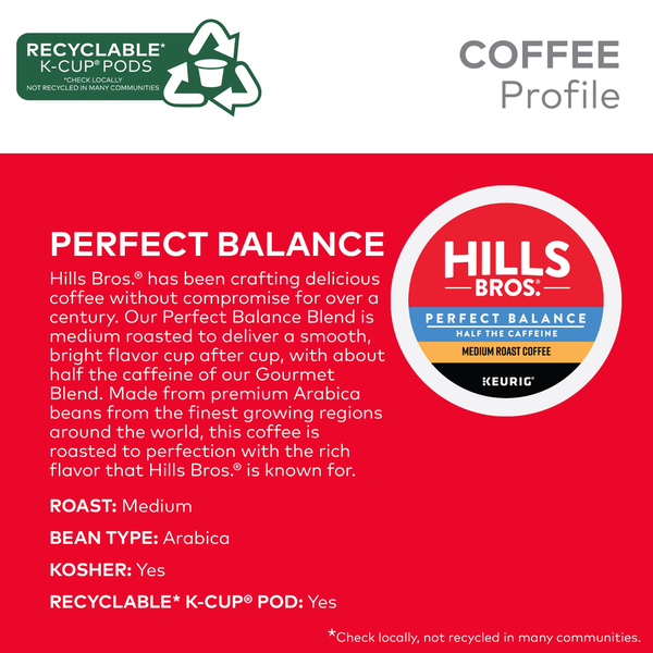Hills Bros. K-Cup Pods Ground Premium Arabica Medium Roast Perfect Balance Coffee