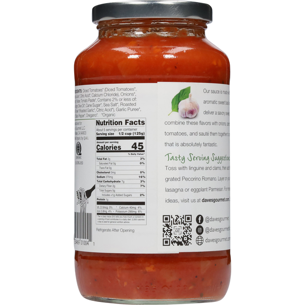 Dave's Gourmet Pasta Sauce, Organic, Roasted Garlic & Sweet Basil