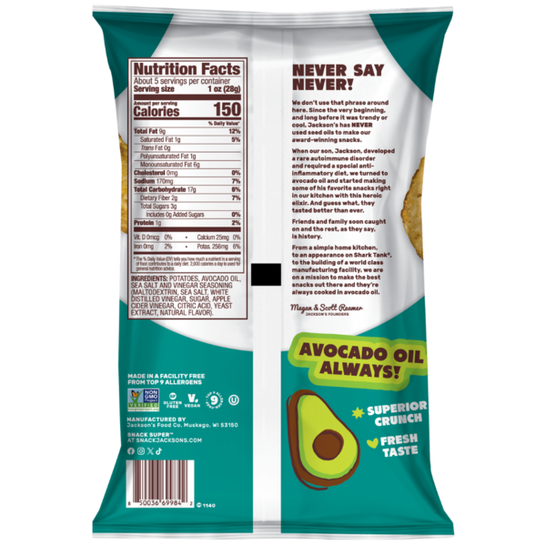 Jackson's Chips Sea Salt & Vinegar Avocado Oil Cooked Kettle Chips