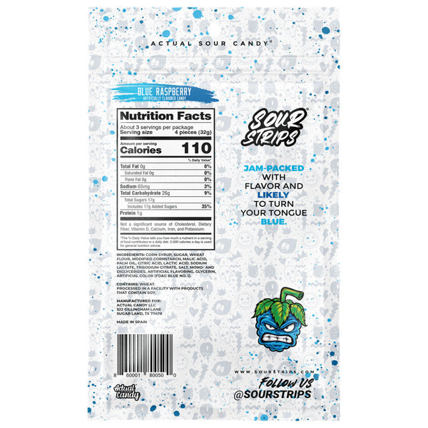 SOUR STRIPS Blue Raspberry Flavored Chewy, Candy Bag, 3.4 oz