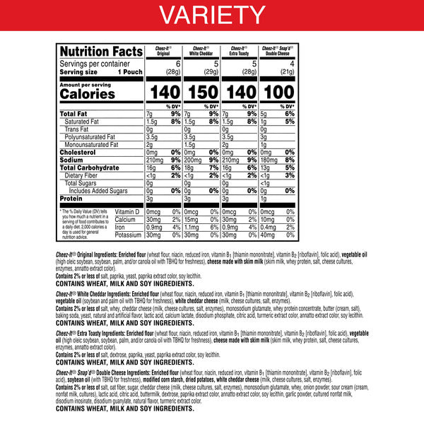Cheez-It Variety Pack Cheese Crackers, Baked Snack Crackers, Grab n' Go, 20 Count