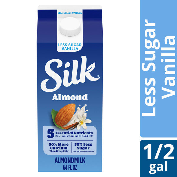Silk Almond Milk, Less Sugar, Vanilla, Dairy Free, Gluten Free, Seriously Creamy Vegan Plant Based Milk with Great Taste and 5 Essential Nutrients, 64 fl oz Half Gallon