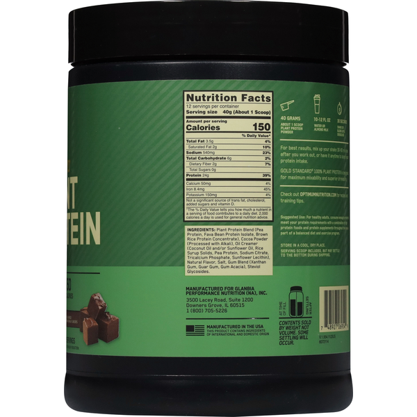 Optimum Nutrition Protein Powder Drink Mix, Rich Chocolate Fudge, 100% Plant Protein
