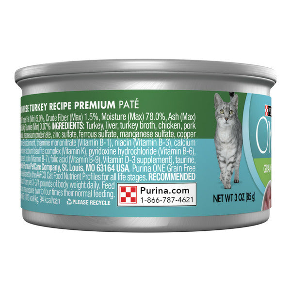Purina ONE Natural, High Protein, Grain Free Wet Cat Food Pate, Turkey Recipe