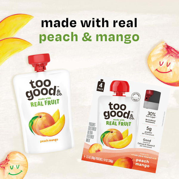 Too Good & Co. Peach Mango Yogurt-Cultured Ultra-Filtered Milk Pouches, Portable Kids Snacks Made with Real Fruit, 3.5 oz, 4 Count