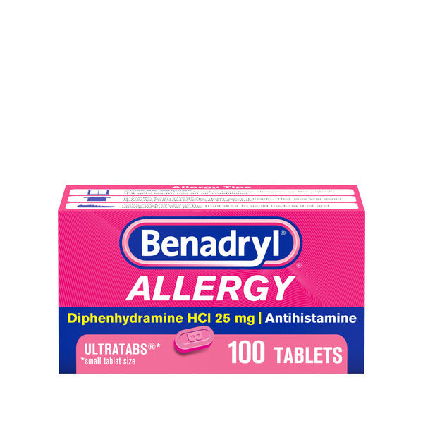 Benadryl Ultratabs Antihistamine Allergy Relief Medicine, Diphenhydramine HCl Tablets For Relief of Cold & Allergy Symptoms Such as Sneezing, Runny Nose, & Itchy Eyes & Throat, 100 ct