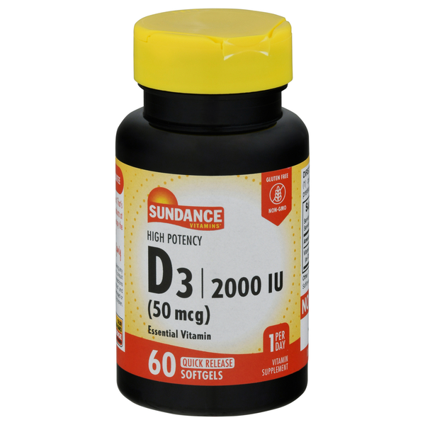 Sundance Vitamins Vitamin D3, High Potency, 2000 IU, Softgels