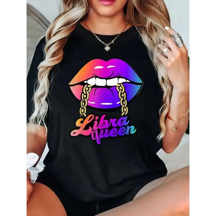 Libra Queen Print Rainbow Lips Cotton T-Shirt