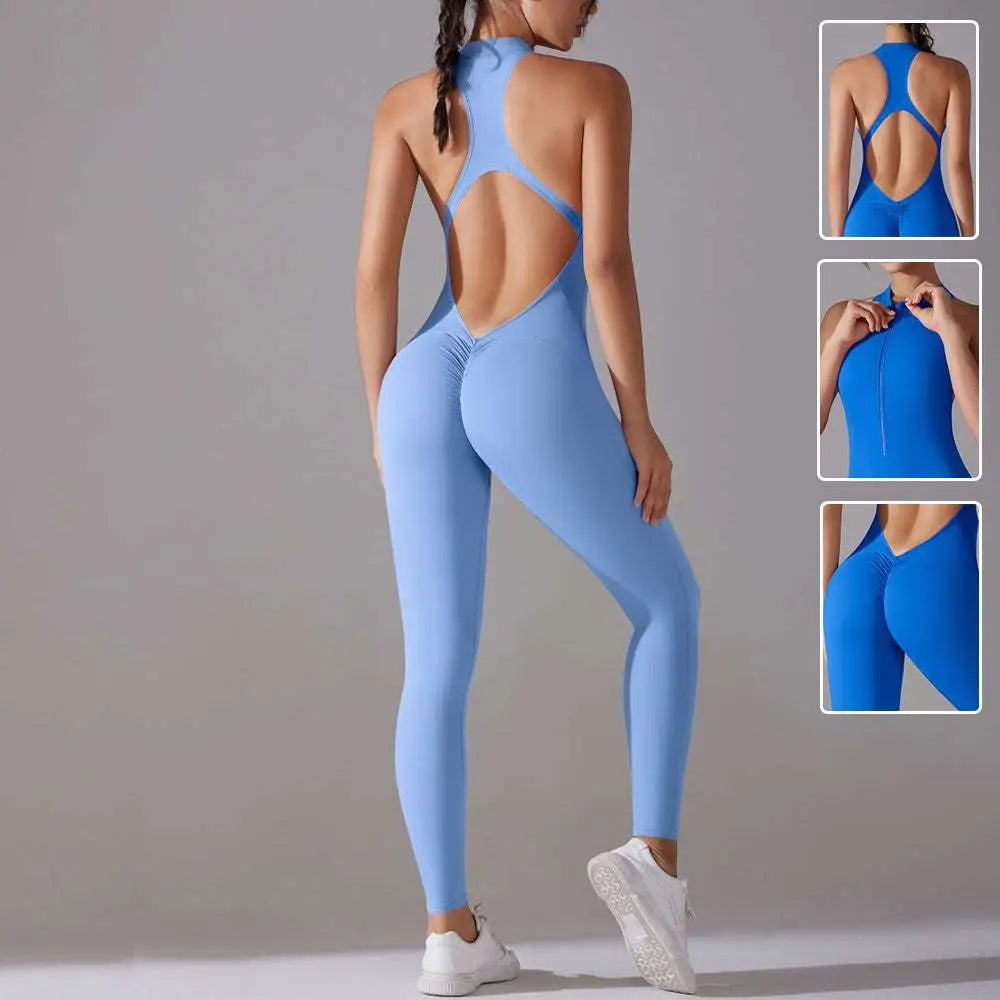 Light Blue Long Pants Jumpsuit Yoga Fitness Slim Bodysuit