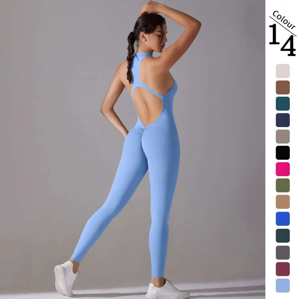 Light Blue Long Pants Jumpsuit Yoga Fitness Slim Bodysuit
