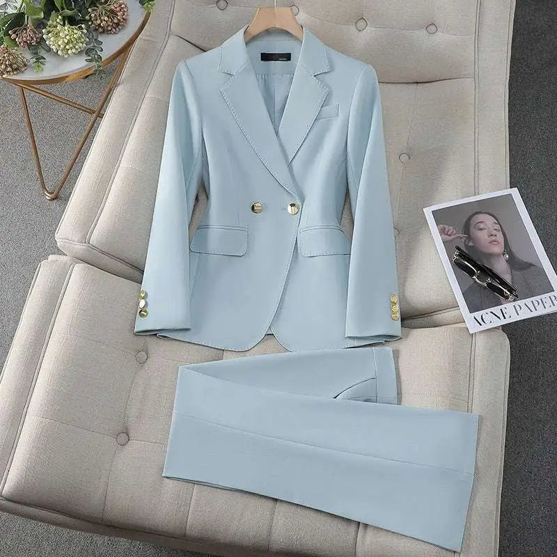 Light Blue Tailored Business Suit with Gold Buttons