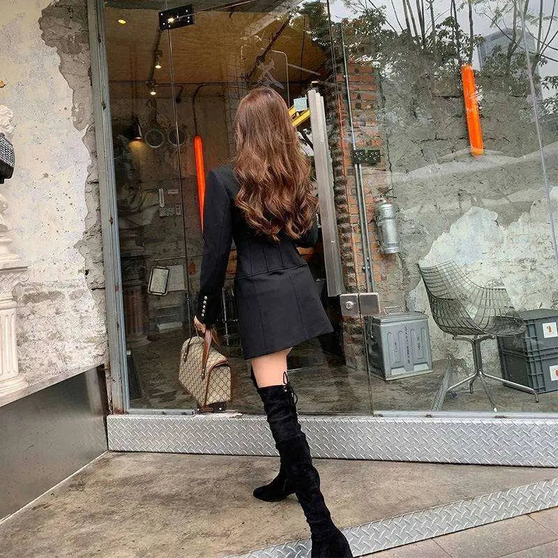 Sophisticated Black Gold Button Blazer Dress