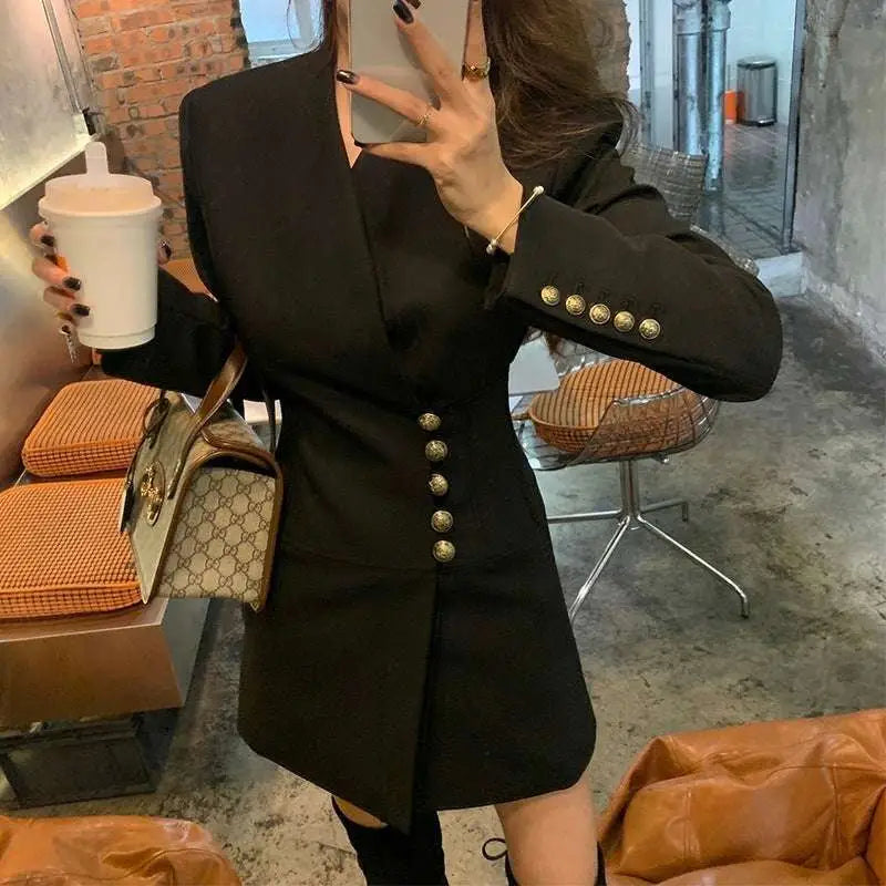Sophisticated Black Gold Button Blazer Dress