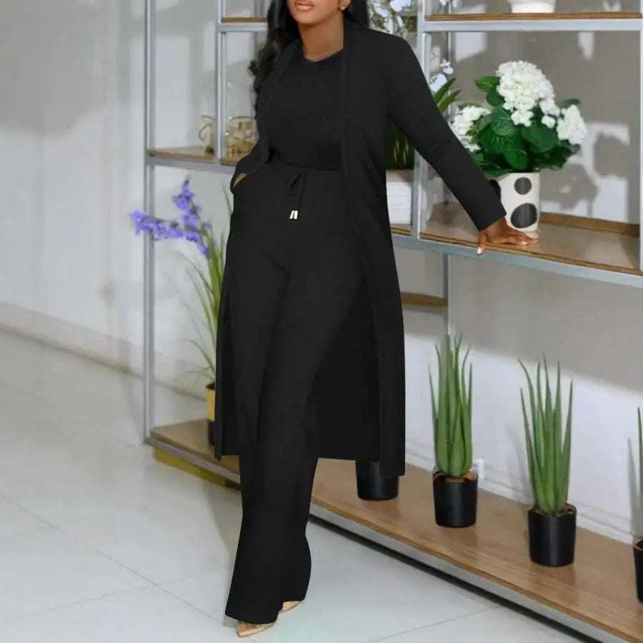 Long Cardigan Sunken Stripe Wide Leg Pants Set