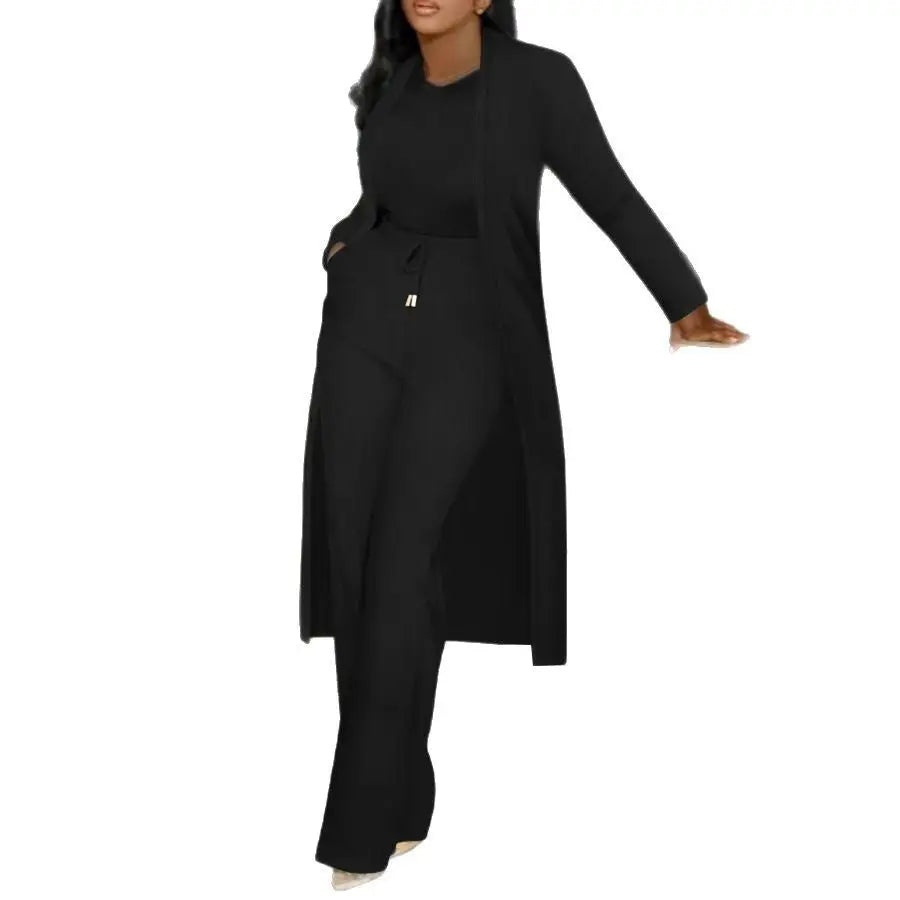 Long Cardigan Sunken Stripe Wide Leg Pants Set