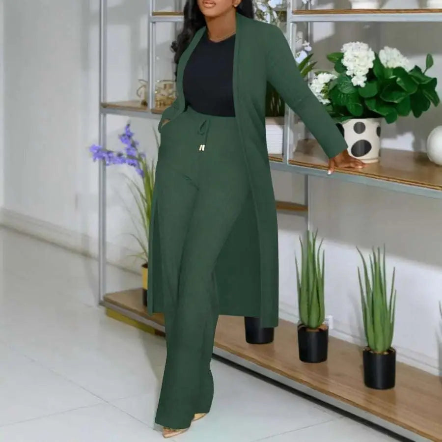 Long Cardigan Sunken Stripe Wide Leg Pants Set