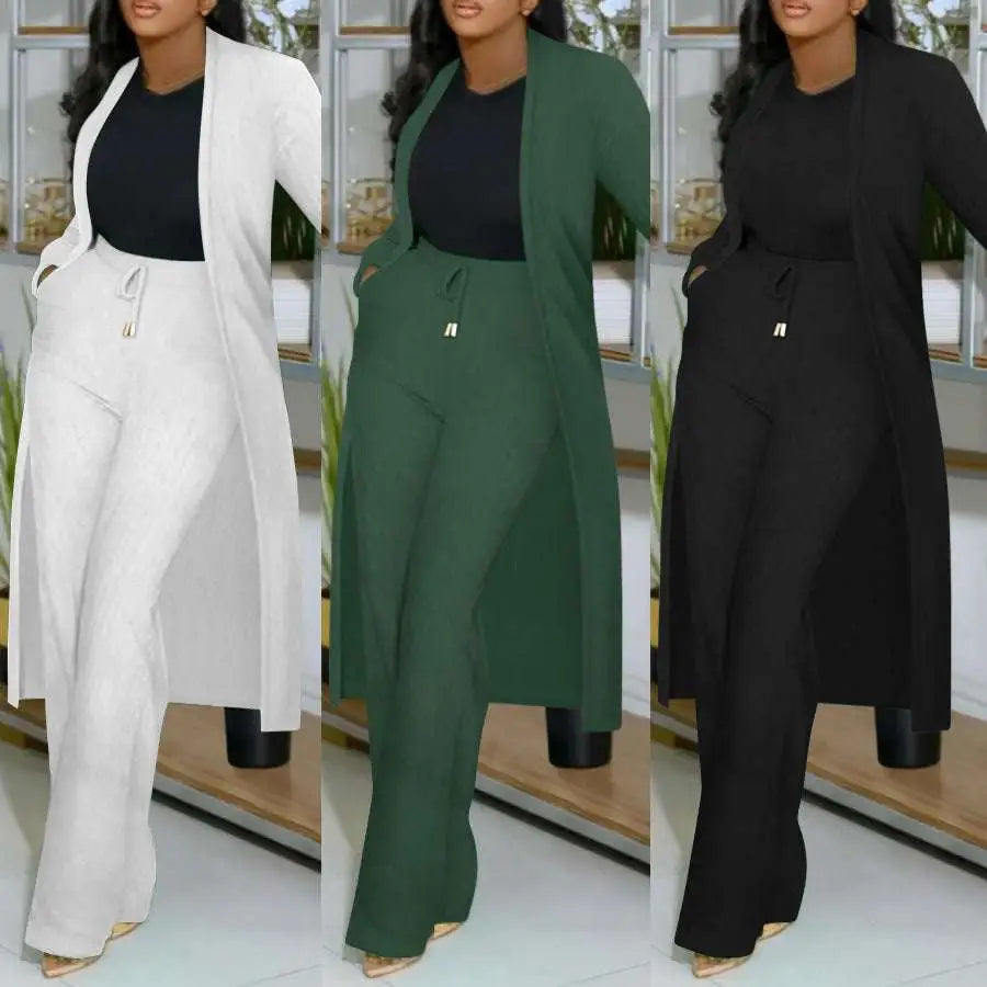 Long Cardigan Sunken Stripe Wide Leg Pants Set