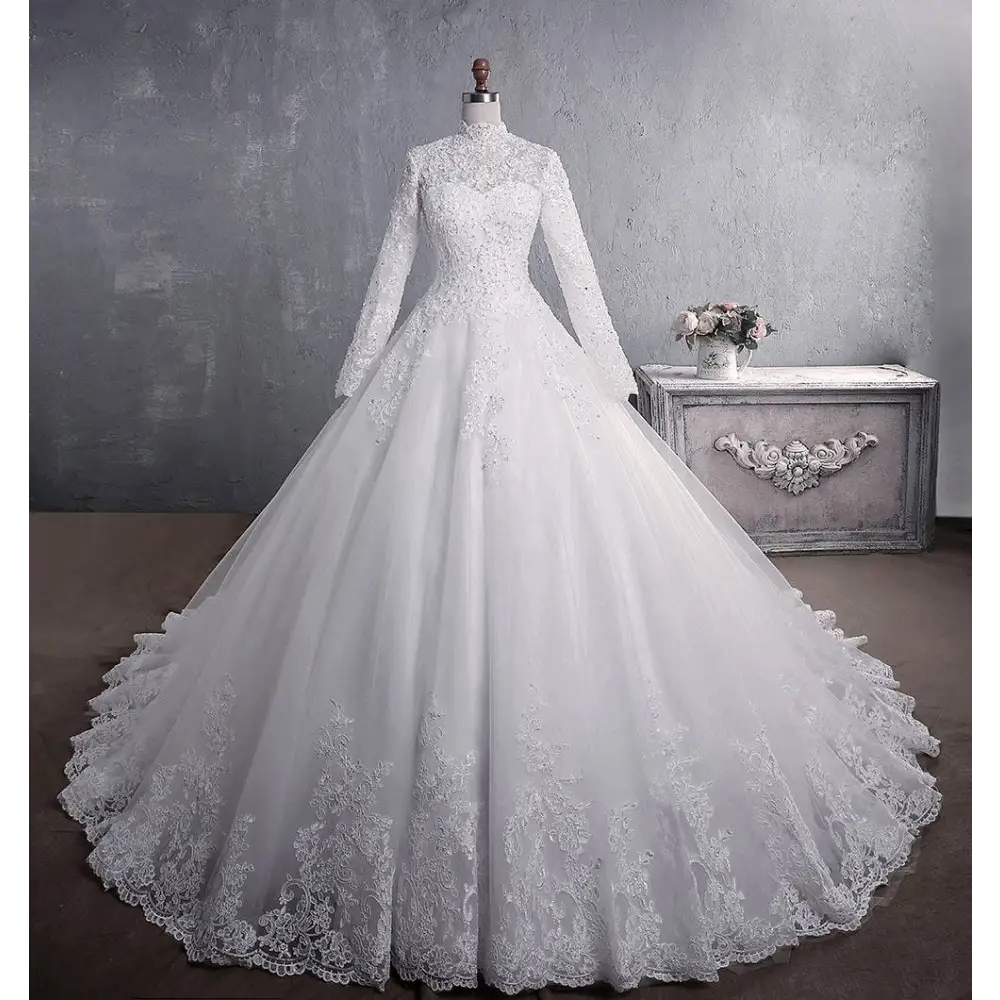 Long Sleeve Lace Wedding Dress with Large Train