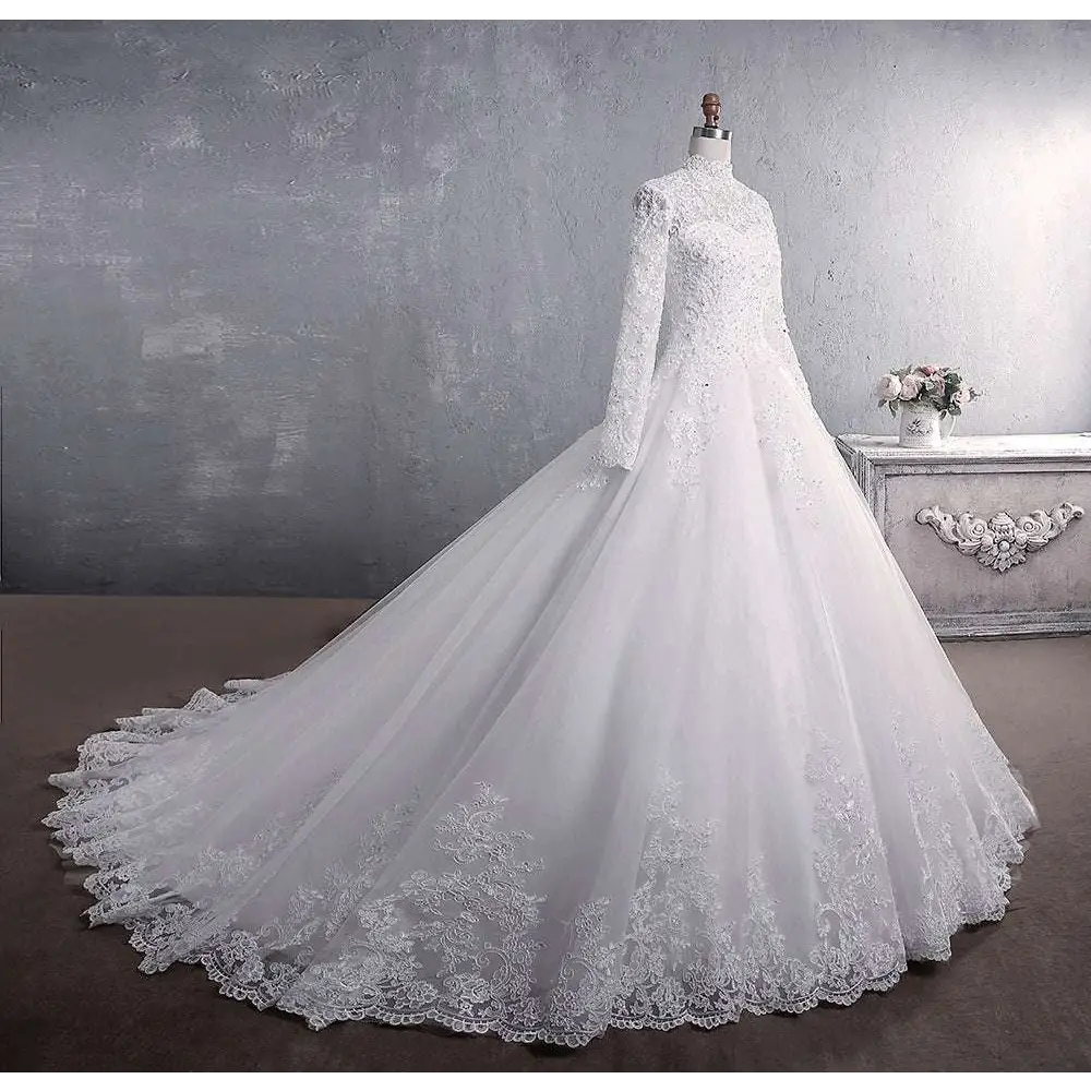 Long Sleeve Lace Wedding Dress with Large Train