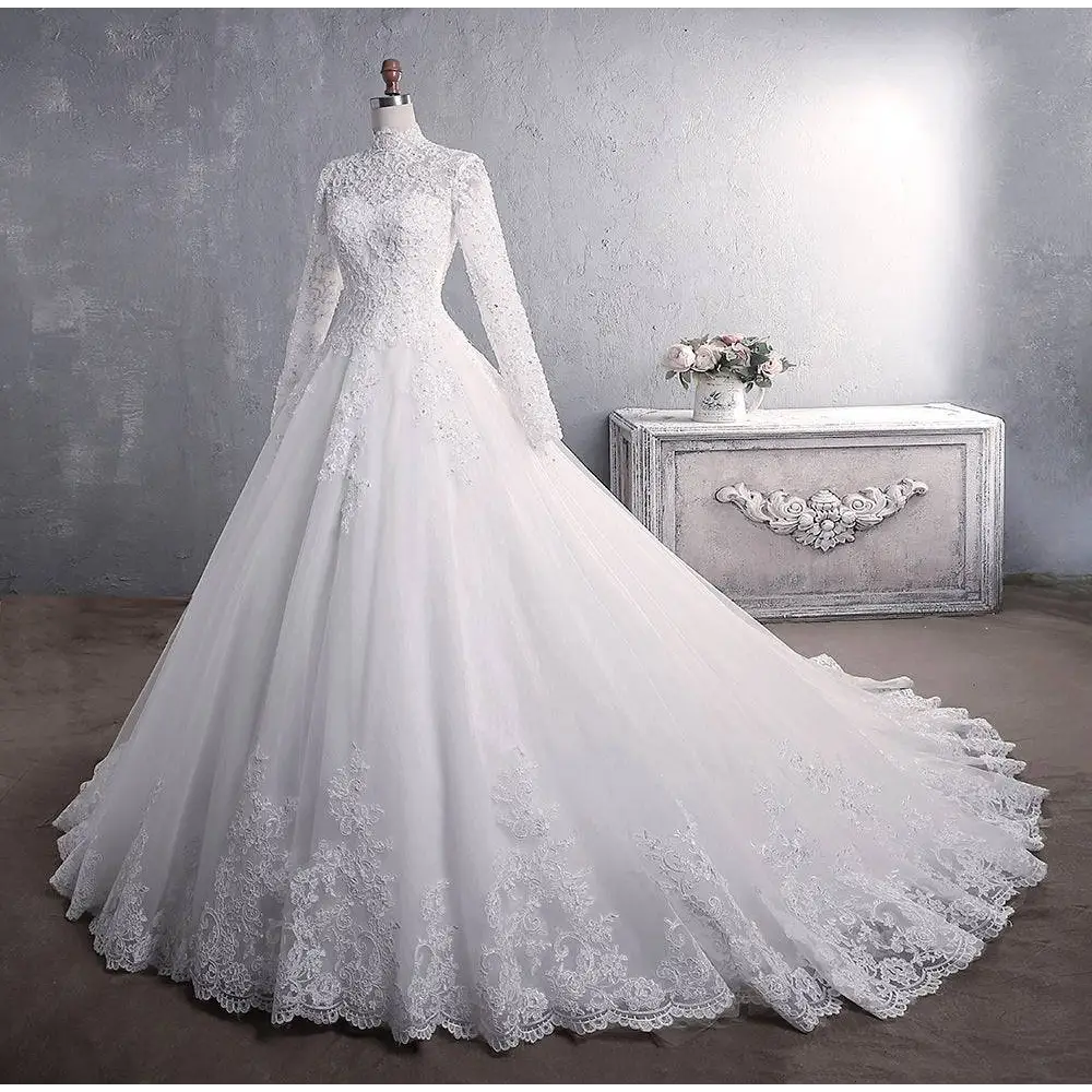 Long Sleeve Lace Wedding Dress with Large Train